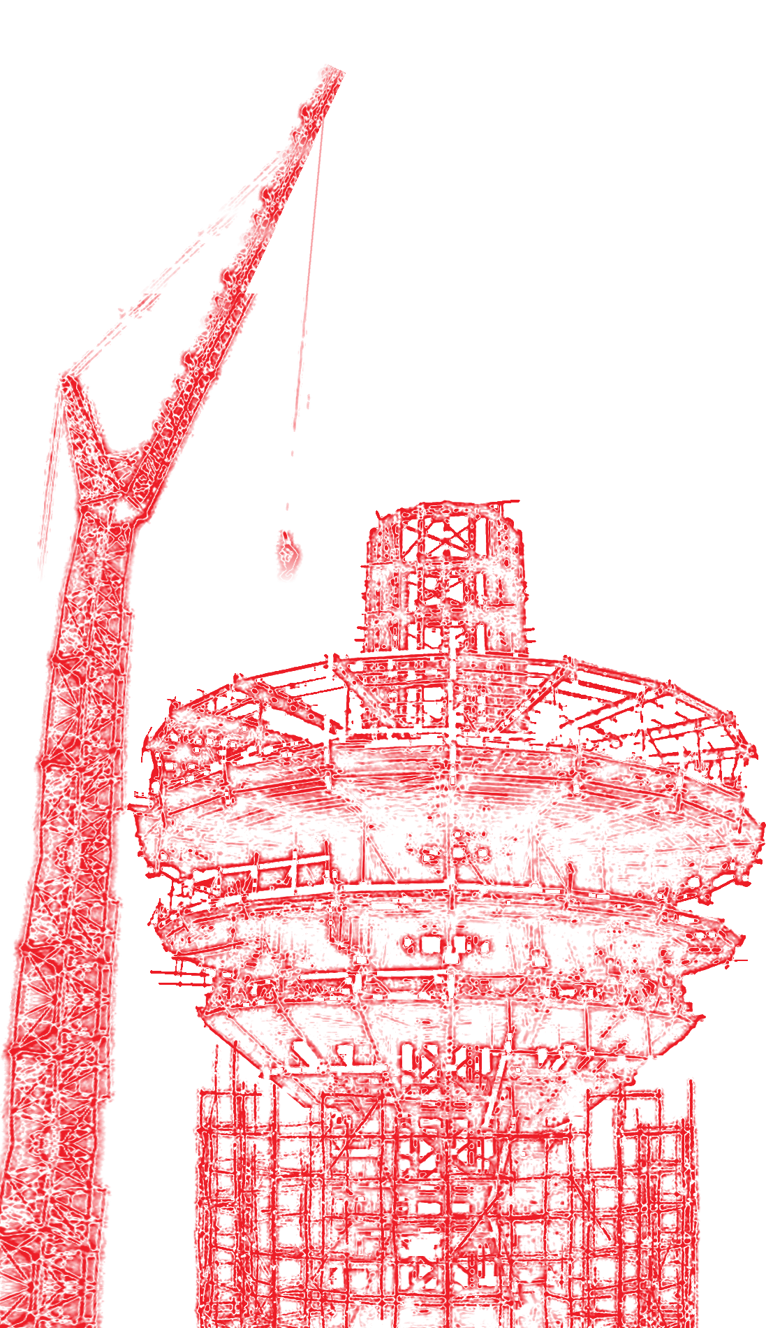Red line drawing of the Berlin TV tower under construction, with a crane beside it